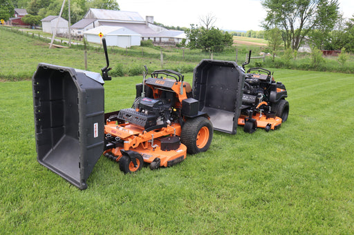 Mulch bucket installed on Scag stand-on mower

